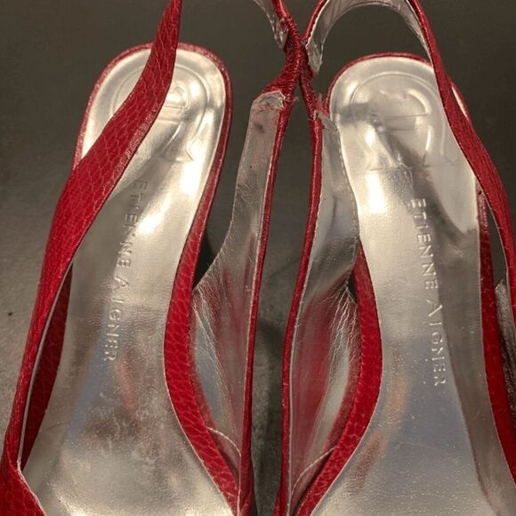 Etienne Aigner Women's Crisscross Strap Texture Red Sling Back Wedge Sandals 6.5 - Picture 7 of 9
